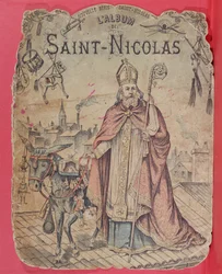 Voorkant van een fotoalbum met Sint-Nicolaas die cadeautjes brengt aan de kinderen, eind 19e eeuw (kleurgravure)