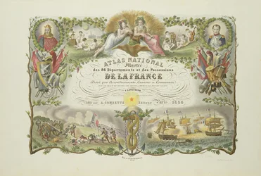 Frontispice van Atlas Nacional Illustre des 86 Departments et des Possessions de la France, door Victor Levasseur 1856 (handgekleurde gravure)