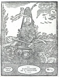 Frontispice van een landbouwalmanak met een portret van Olivier de Serres