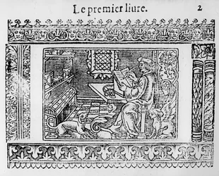 Frontispice van het eerste boek van Utopia door Thomas More (1478-1535)