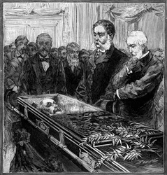 Begrafenis van James Abram Garfield (1831-1881), president van de Verenigde Staten: zijn vervanger, Chester Alan Arthur (1830-1886) en secretaris Blain voor de kist onder de koepel van het Capitool in Washington. Gravure in 
