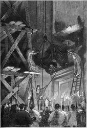 Begrafenis van paus Pius IX (Pio) (1792-1878): de bijzetting van het lichaam in de Sint-Pietersbasiliek in Rome. Gravure in „Le Monde Illustré“, nr. 1093 van 9 maart 1878.