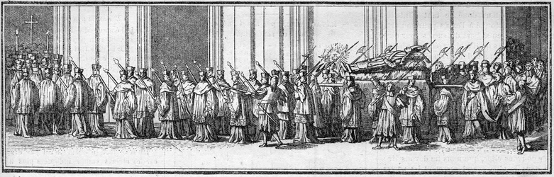 Begrafenis van een paus in de 18e eeuw: het lichaam van de paus wordt naar de Sint-Pieterskerk in Rome gebracht. Gravure in 