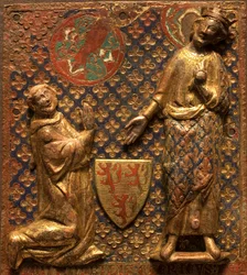 Grafplaat: Guy de Meyos knielt voor Saint Louis (Louis IX van Frankrijk)