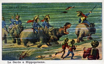 Toekomstige dagen: Een negentiende-eeuwse visie op het jaar 2000 - Serie "In het jaar 2000": De bewaker bij het nijlpaard (onder water). Chromolithografie door Villemard