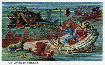 Futuredays: Een negentiende-eeuwse visie op het jaar 2000 - Serie "In het jaar 2000": Een vreemde koets (tank getrokken door vissen onder zee). Chromolithografie door Villemard