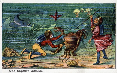 Futuredays: Een negentiende-eeuwse visie op het jaar 2000 Serie: Een moeilijke vangst (onder de zee). Chromolithografie door Villemard