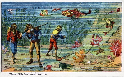 Toekomstige dagen: Een Negentiende Eeuwse Visie op het Jaar 2000 Serie: Een Leuk Vissen (Onder de Zee). Chromolithografie door Villemard