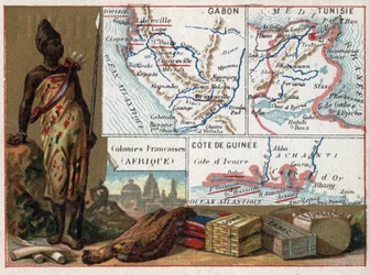 Gabon, Tunesië en de Guinee Kust in Afrika. Serie over de Franse koloniën. Grondstoffen: gom, spons, tabak en zijde, ivoor. Chromolithografie, circa 1920. Privécollectie.