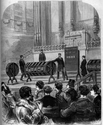 Kansspel: trekking van de Nationale Loterij in de feestzaal van het Trocadéro op 6 januari 1879 in Parijs. Gravure in 