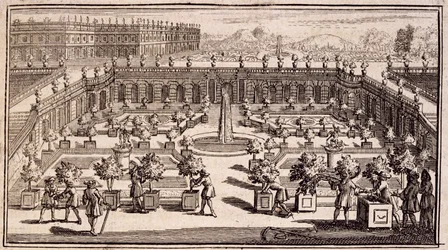 Tuinmannen aan het werk in een sinaasappeltuin, uit Le Parfait Jardinier, ou Instruction pour les Jardins Fruitiers et Potager, door Jean de la Quintinye, gepubliceerd 1695