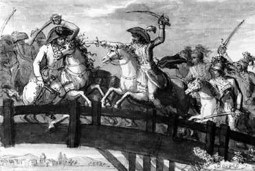 Generaal Alexandre Dumas, de Horatius Cocles van de Tirol. die eigenhandig drie Oostenrijkse tegenstanders doodt op de Clausenbrug in 1797, c.1797
