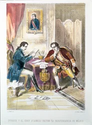 Generaal Augustin de Iturbide, later kortstondig keizer Augustin I van Mexico, ondertekent de onafhankelijkheid van Mexico met O