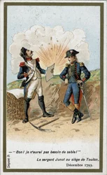 Generaal Jean Andoche Junot (1771-1813), Hertog van Abrantes schrijft een brief voor Napoleon Bonaparte tijdens het beleg van Toulon in december 1793. Een Britse kogel bedekte de papieren van onderofficier Jugnot met aarde: “Nou,” zei hij, “ik heb geen zan
