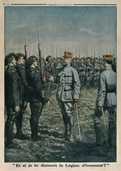 Generaal Petain inspecteert het 42e berginfanterieregiment, en wat als ik je het Legioen van Eer geef, achterpagina illustratie uit Le Petit Journal, supplement illustre, 23 september 1917