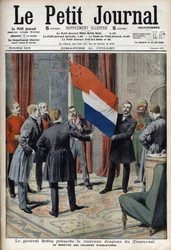 Generaal Pieter Willem Botha (een Boer) presenteert de nieuwe vlag van Transvaal (Zuid-Afrika) aan de Engelse koloniale minister Lord Elgin (