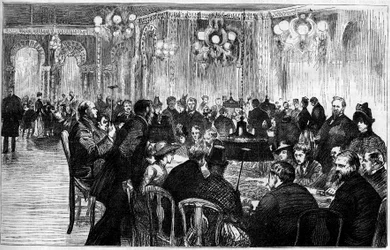 Algemeen uitzicht op de speelzaal van het casino van Monte Carlo. Gravure in 