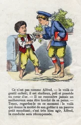 Generositeit. Kind geeft de helft van zijn smaak aan een kleine bedelaar. Jongens alfabet. Abecedarium met morele waarde met leesoefeningen. Beeld van Epinal eind 19e eeuw