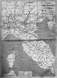 Geografische kaart van de hertogdommen van Midden-Italië in 1860. Gravure in 