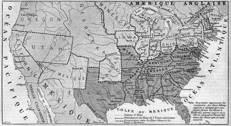 Geografische kaart van de Verenigde Staten van Amerika in maart 1861. Slavernijstaten zijn weergegeven in het rood. In het wit geschreven, de namen van de zeven confederale staten die zich van de Unie afscheidden: Texas, South Carolina, Mississippi, Florid