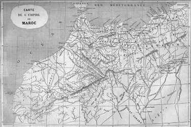 Geografische kaart van het rijk Marokko in 859. Gravure in Le Monde Illustré nr. 129 van 1 oktober 1859.