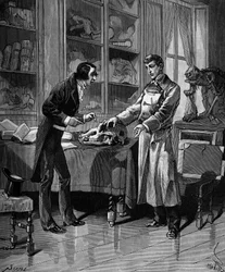 Georges Cuvier (1769-1832), Franse natuuronderzoeker met een jonge student. in "Histoire populaire des sciences, inventions et discoveries from the first centuries to the present day" door Bitard Adolphe 1880.