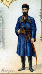 Georgische man. Serie van 25 reclamechromos voor de Dijon fabriek van Biscuits Pernot, eind 19e eeuw. Detail van de personages in traditionele klederdracht