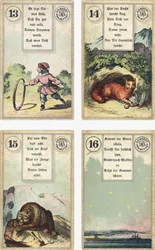 Duitse editie van het Lenormand Franse waarzegkaarten deck: Het Kind, De Vos, De Beer, De Ster, uitgegeven door Dondorf, Frankfurt, 19e eeuw