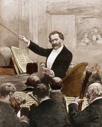 Giuseppe Verdi leidt het operagezelschap bij de eerste uitvoering van 