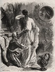 Griekse mythologie: koning Candaules van Lydië toont zijn naakte vrouw aan zijn vertrouweling Gyges en verbergt zich in de schaduw terwijl zij zich in de slaapkamer uitkleedt. Gravure uit 1871 in «Histoire des cocus célèbres» van Henry de Kock (1819-1892).