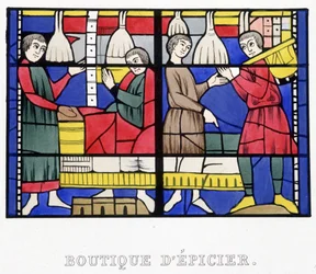 Kruidenierswinkel. Facsimile van een glas-in-lood uit de Middeleeuwen in “Histoire de la peinture sur verre” by Ferdinand de Lasteyrie