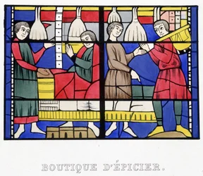 Kruidenierswinkel. Facsimile van een glas-in-lood uit de Middeleeuwen in 