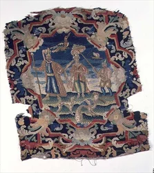 Gros point en petit point Stoelhoes van drie Oost-Europese Figuren en Vogels, midden 18e eeuw (detail)