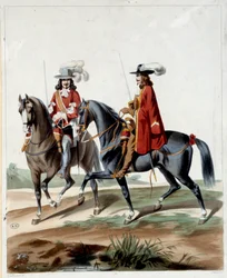 Wachters van de koning. Gravure uit 1660. Parijs, Decoratieve Kunsten