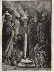 Guebre (of Zoroastrian) bij Baku (Baku, Azerbeidzjan) - Vuuraanbidders - Nieuwe Nationale Encyclopedie door Maurice La Charest - 1870