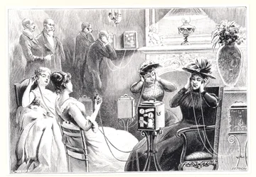 Gasten in een hotel in Parijs luisteren naar directe uitzendingen van opera- of theatervoorstellingen op Marinovitchs en Szarvadys Theatrophone, uit La Nature, gepubliceerd 1892