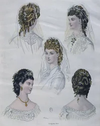 Kapsels, illustratie uit La Mode illustrée, 1872