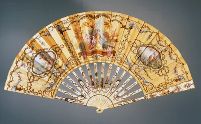 Handwaaier met rust tijdens de jacht, geschilderd zijde en been, gemaakt door Felix Alexandre, Parijs, ca. 1870