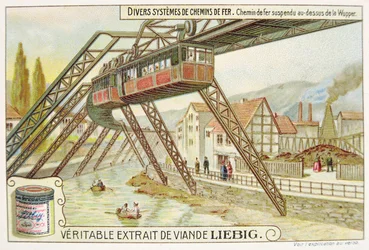 Hangende trein aan de Wupper rivier, promotionele reclamekaart voor Veritable Extrait de Viande Liebig