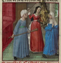 Miniatuur van Beaute (Schoonheid) en Laideur (Lelijkheid) die vechten tegen Chastete (Kuisheid) uit de Roman de la Rose, ca. 1490-1500