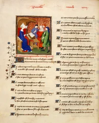 Harley 4431 volume II, f.259v Miniatuur van een vrouw die morele spreuken leest aan het begin van de 