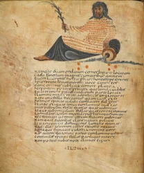Harley 647, fol.10v Illustratie van het sterrenbeeld Eridanus, en tekst, ca. 820-40 (perkament)