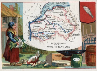 Haute Savoie (Haute-Savoie, 74), Rhone Alpes, Frankrijk. Lokale specialiteit: papier, gruyere, honing, tabak en hoogovens. Serie over de Franse departementen. Chromolithografie 