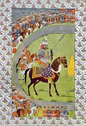 Hij Hield zijn Lans en zijn Schild, illustratie uit De Arabische Nachten, 1895 (kleurgravure)