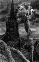 Hij verscheen op de klokkentoren van de kerk. Gravure ter illustratie van de roman 