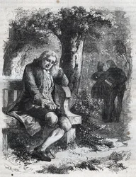 Hij hoorde het gefluister van een kus. De Zwitserse filosoof Jean Jacques (Jean-Jacques) Rousseau (1712-1778) betrapt zijn metgezel Marie-Therese (Marie Therese) Le Vasseur (Levasseur) (1721-1801) op overspel. Gravure uit 1871 in 