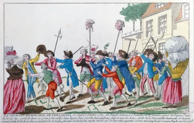 Hoofden van twee van de koningswachten gedood op 5 oktober 1789 in Versailles door de Parijse menigte worden triomfantelijk naar Parijs gedragen