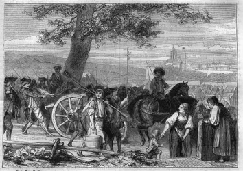 Helvetische Republiek, opstand van de boeren van het Oberland: de mars naar Bern (Zwitserland) in november 1802 - Gravure uit 1865 in 