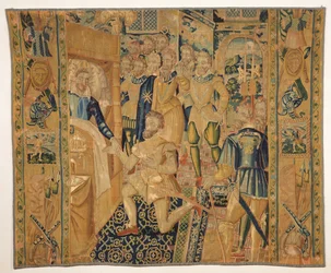 Henri III (1551-89) de Valois geeft de insignes van macht aan Henri III (1553-1610) de Bourbon