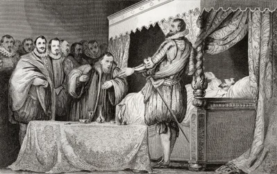 Hendrik III (1551-89) benoemt Bearnais (1553-1610) als zijn opvolger, uit 